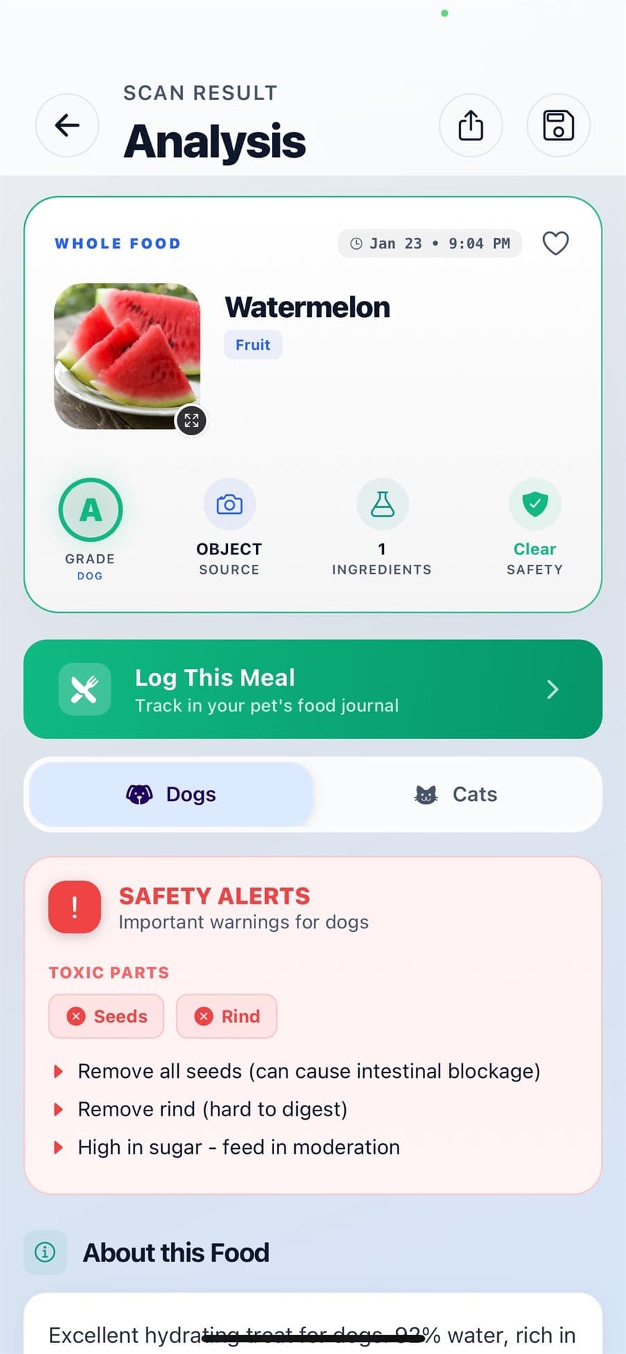 NutriPet safety analysis screen
