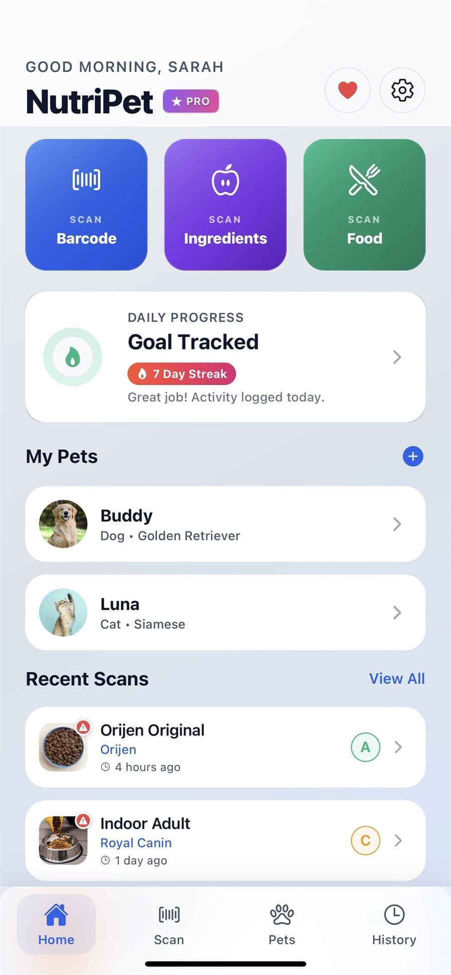 NutriPet home dashboard
