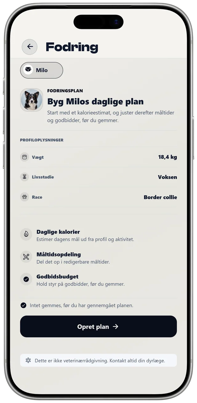 Opsætningen af Milos fodringsplan i NutriPet med vægt, livsfase og race som grundlag for en dagsplan.