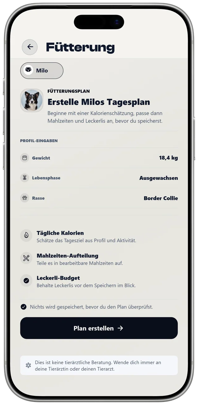 Die Einrichtung des Fütterungsplans für Milo in NutriPet, mit Gewicht, Lebensphase und Rasse als Grundlage für einen Tagesplan.