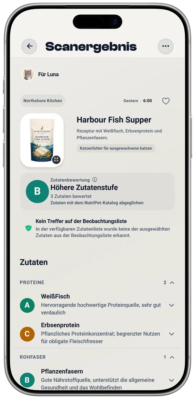 Ein NutriPet-Scanergebnis mit der Zutatenbewertung eines Katzenfutters, den erkannten Zutaten und einer Prüfung der Beobachtungsliste für Luna.