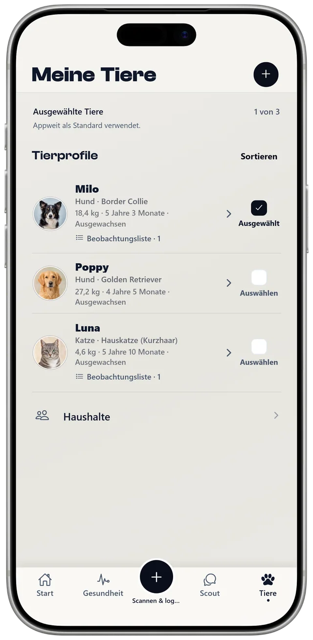Die Tierliste in NutriPet mit Milo, Poppy und Luna, jeweils mit eigenem Profil und eigener Beobachtungsliste.