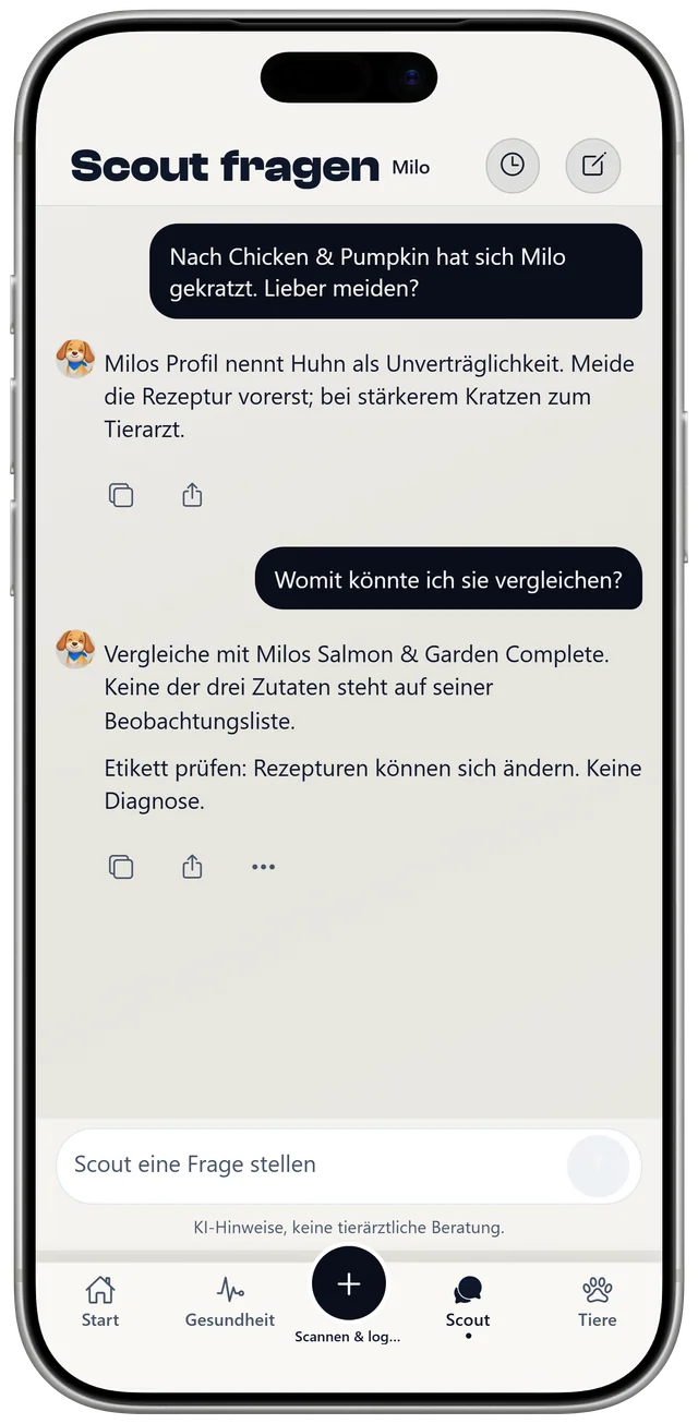 Ein Gespräch mit Scout über Milos letzte Mahlzeiten und eine Empfindlichkeit gegenüber Huhn, gekennzeichnet als allgemeiner Hinweis, keine Diagnose.