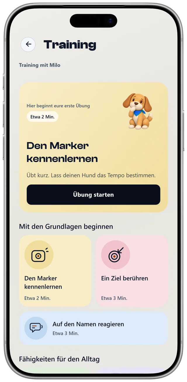 Der Trainingsbildschirm für Milo in NutriPet mit der ersten Übung „Den Marker kennenlernen“ und einer Liste von Alltagsfähigkeiten.