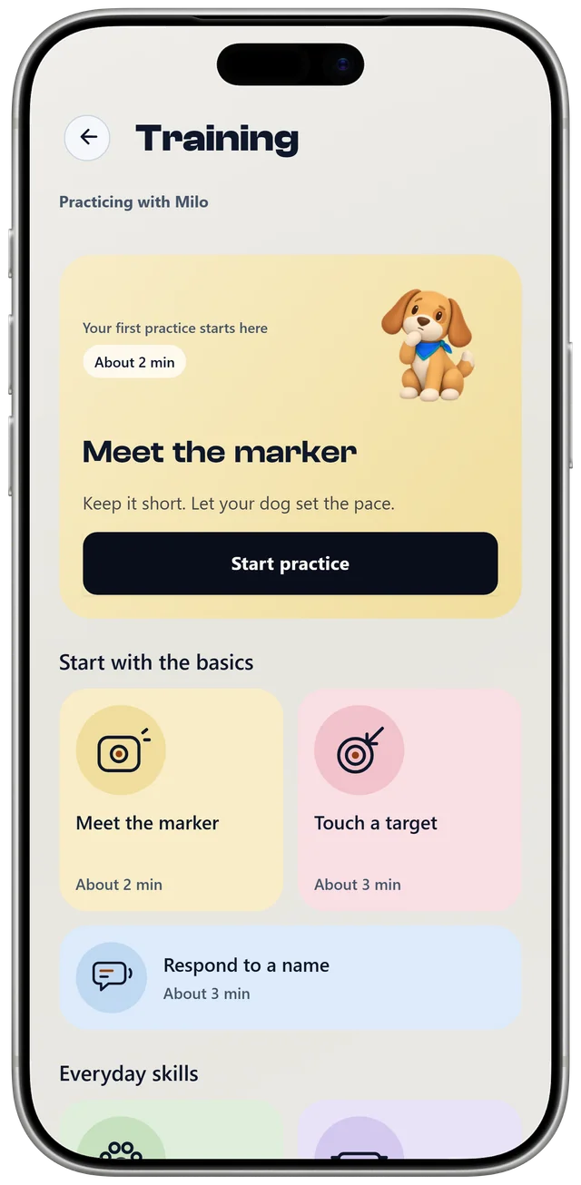 NutriPet's training screen for Milo, with a first lesson called Meet the marker and a list of everyday skills.