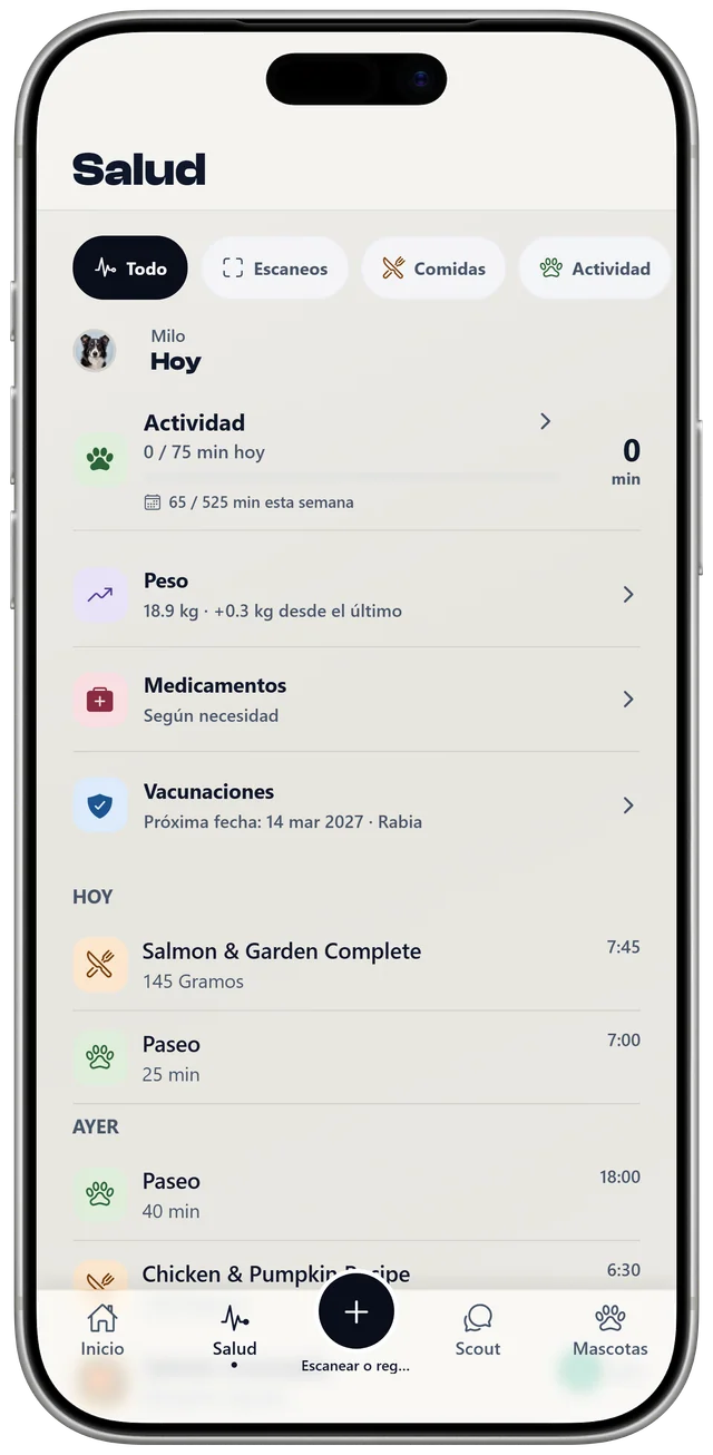 El registro de salud de Milo en NutriPet, con actividad, peso, medicación, vacunas y las comidas y paseos de hoy.