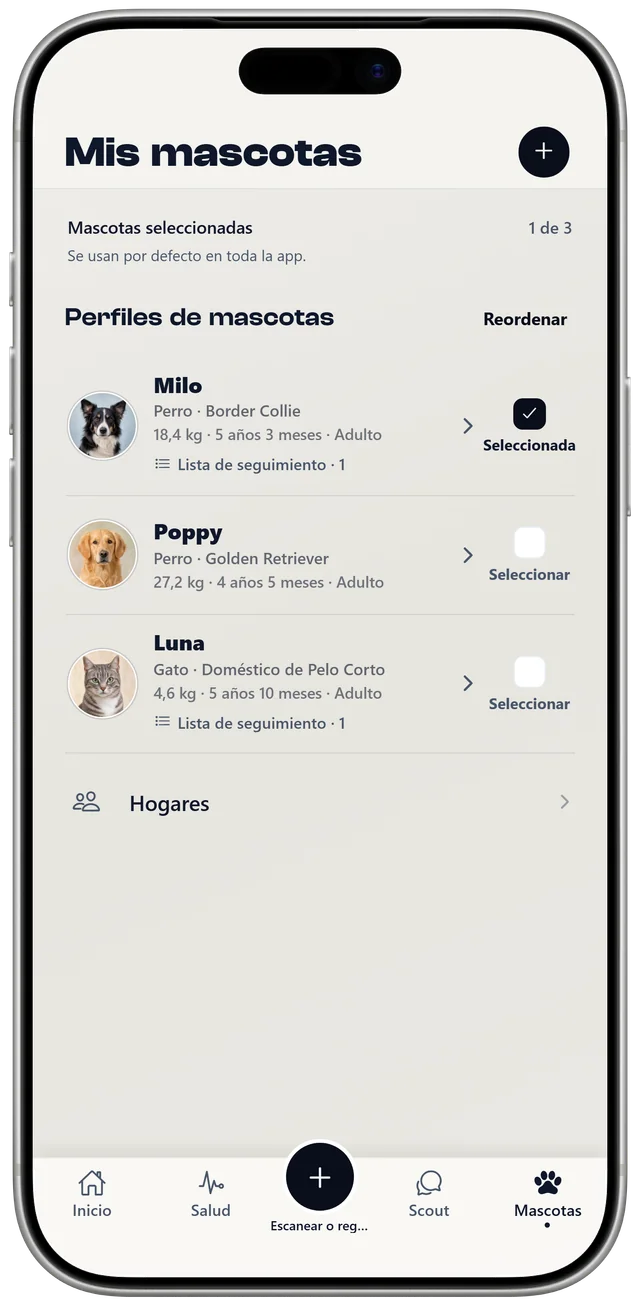 La lista de mascotas de NutriPet con Milo, Poppy y Luna, cada una con su perfil y su lista de vigilancia.
