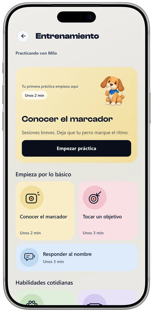 La pantalla de entrenamiento de Milo en NutriPet, con una primera sesión llamada «Conocer el marcador» y una lista de habilidades cotidianas.