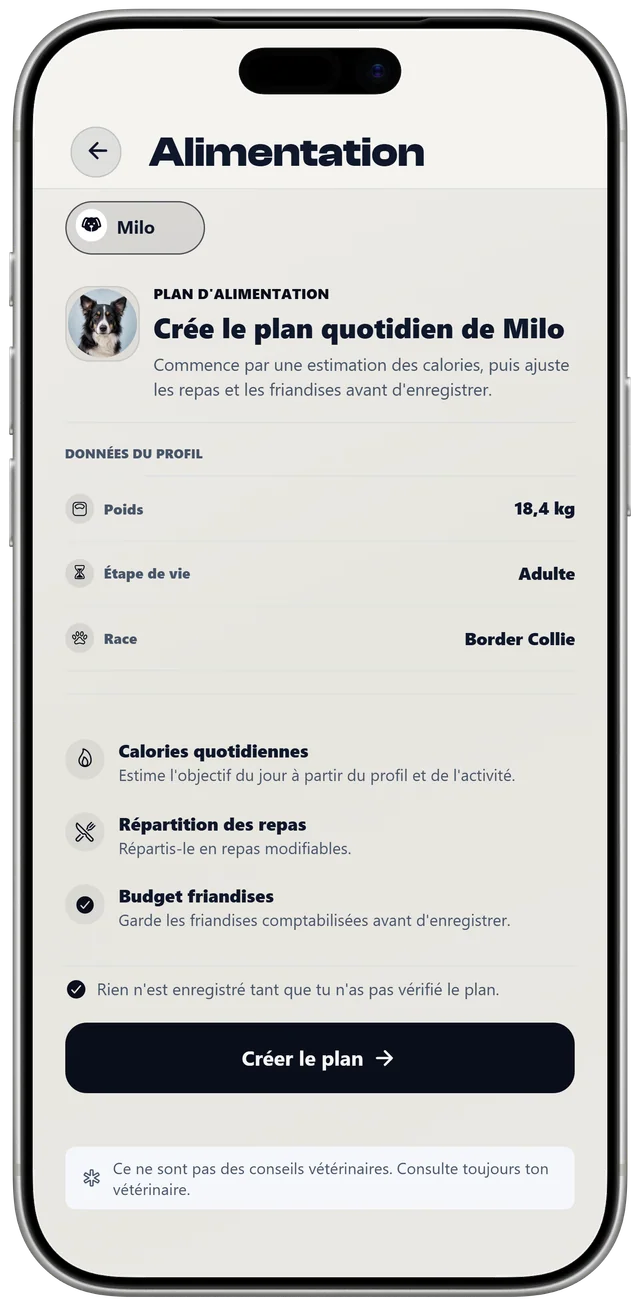 La configuration du plan d’alimentation de Milo dans NutriPet, avec le poids, le stade de vie et la race utilisés pour créer un plan quotidien.