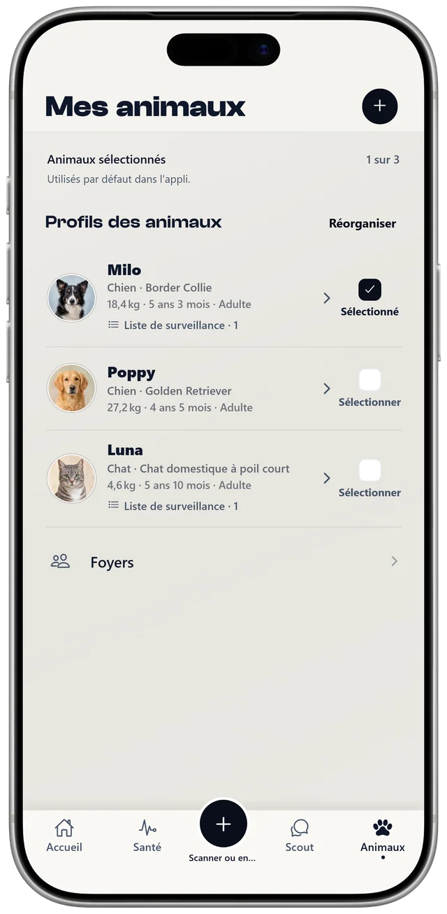 La liste des animaux dans NutriPet avec Milo, Poppy et Luna, chacun avec son profil et sa liste de surveillance.