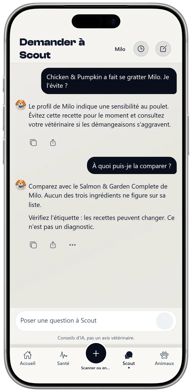 Une conversation avec Scout sur les derniers repas de Milo et une sensibilité au poulet, présentée comme un repère général, pas un diagnostic.