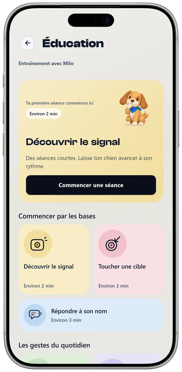 L’écran d’éducation de Milo dans NutriPet, avec une première séance « Découvrir le signal » et une liste de gestes du quotidien.