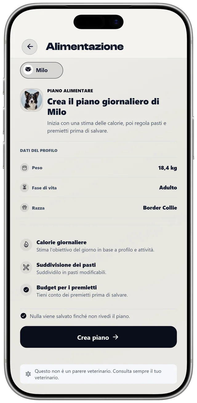 La configurazione del piano alimentare di Milo in NutriPet, con peso, fase di vita e razza usati per creare un piano giornaliero.
