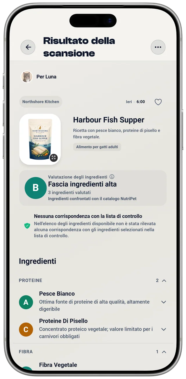 Un risultato di scansione NutriPet con il voto degli ingredienti di un alimento per gatti, gli ingredienti riconosciuti e un controllo della lista di attenzione per Luna.
