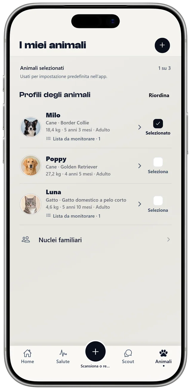 L’elenco degli animali in NutriPet con Milo, Poppy e Luna, ognuno con il proprio profilo e la propria lista di attenzione.