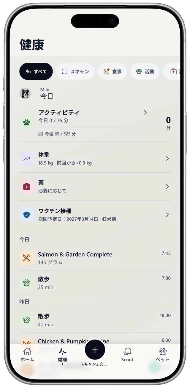NutriPet の Milo の健康記録。運動、体重、薬、ワクチン接種、今日の食事と散歩が表示されています。