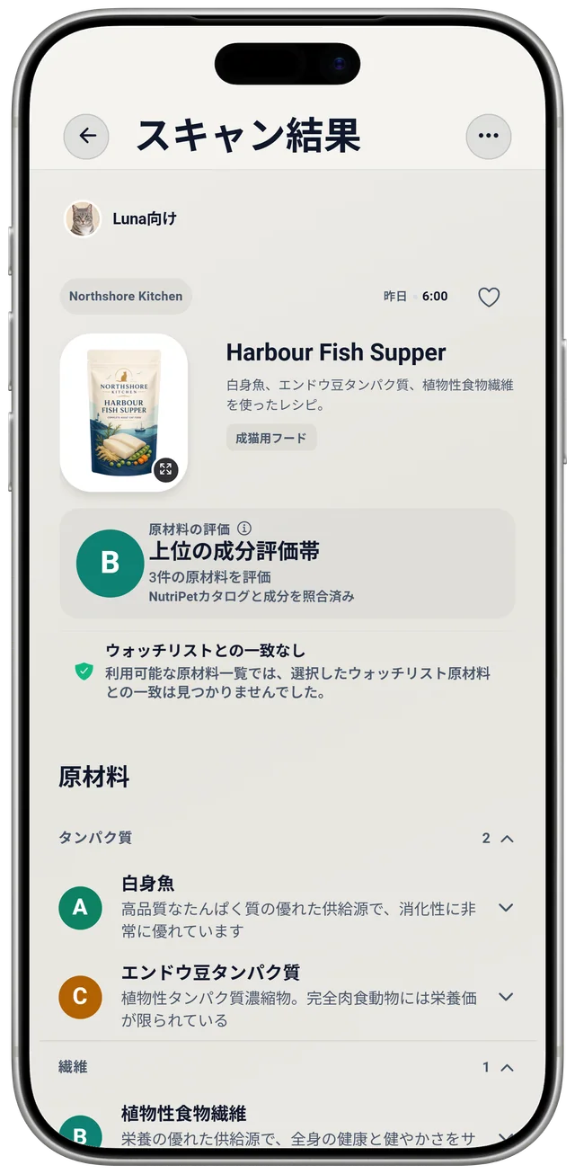 キャットフードの NutriPet スキャン結果。原材料の評価、認識された原材料、Luna の確認リストとの照合が表示されています。