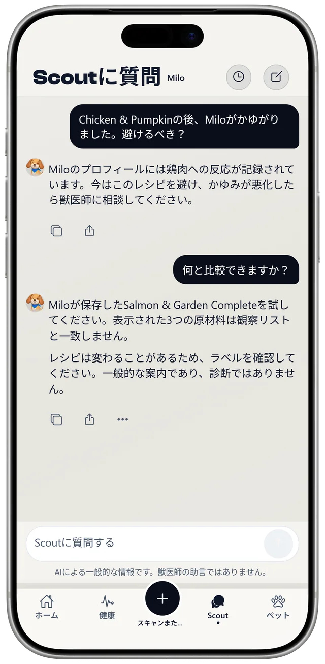 Milo の最近の食事と鶏肉への反応について Scout と話している画面。一般的な情報であり診断ではないことが示されています。