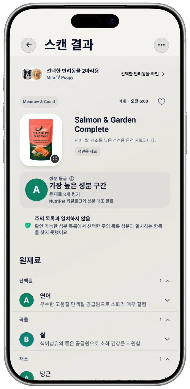 강아지 사료의 NutriPet 스캔 결과. 표시된 원재료 목록을 바탕으로 한 원재료 등급과, 선택한 반려동물 2마리의 주의 목록 확인이 따로 표시됩니다.