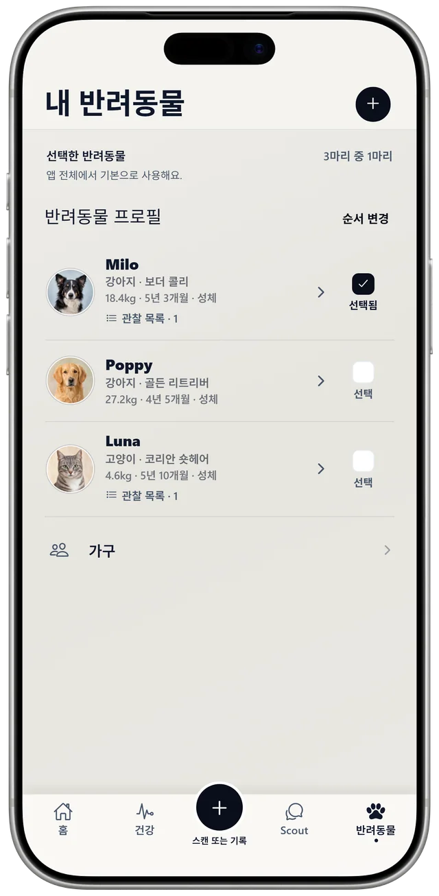 NutriPet의 반려동물 목록. Milo, Poppy, Luna가 각자의 프로필과 주의 목록을 가지고 있습니다.