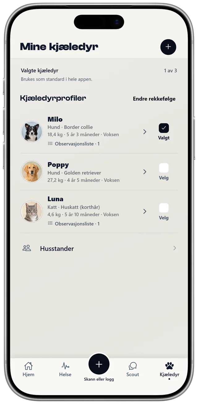 Kjæledyrlisten i NutriPet med Milo, Poppy og Luna, hver med egen profil og overvåkingsliste.