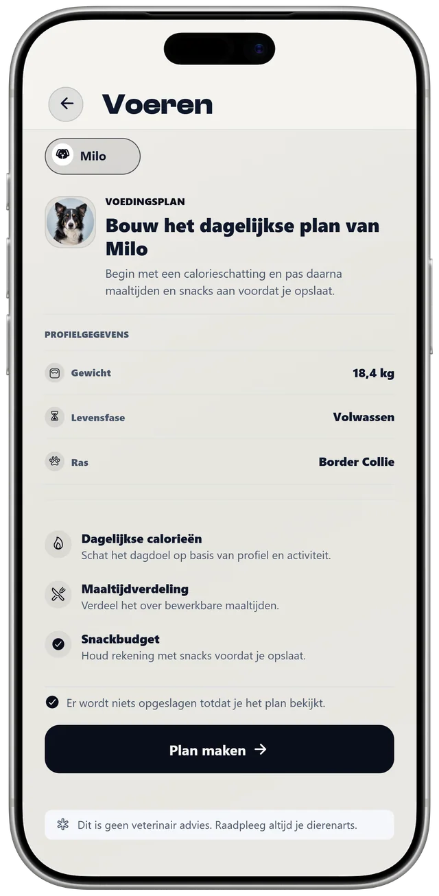 Het instellen van het voedingsplan voor Milo in NutriPet, met gewicht, levensfase en ras als basis voor een dagplan.