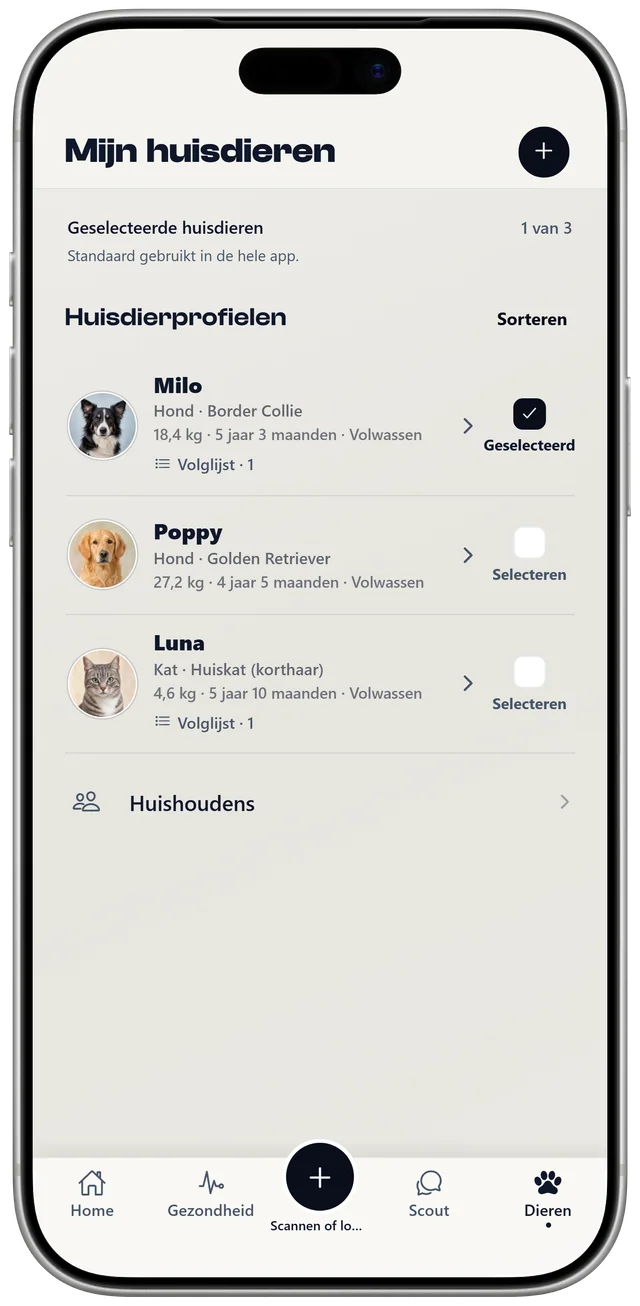De huisdierenlijst in NutriPet met Milo, Poppy en Luna, elk met een eigen profiel en aandachtslijst.