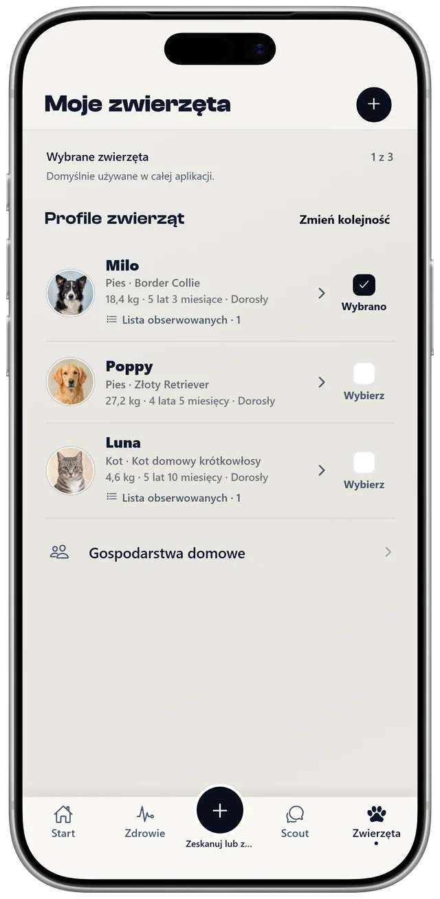 Lista zwierząt w NutriPet z Milo, Poppy i Luną, każde z własnym profilem i listą obserwowanych składników.