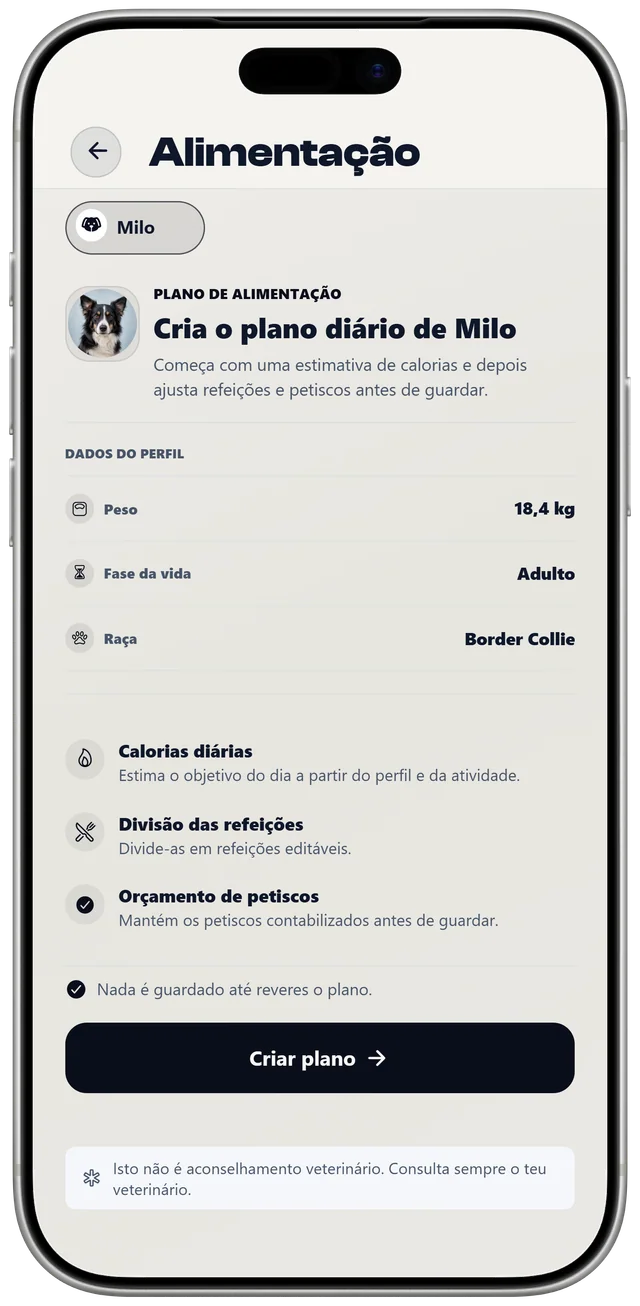 A configuração do plano de alimentação do Milo no NutriPet, com o peso, a fase da vida e a raça usados para criar um plano diário.