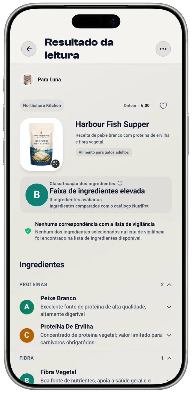 Um resultado de digitalização do NutriPet com a classificação dos ingredientes de um alimento para gato, os ingredientes reconhecidos e uma verificação da lista de atenção para a Luna.