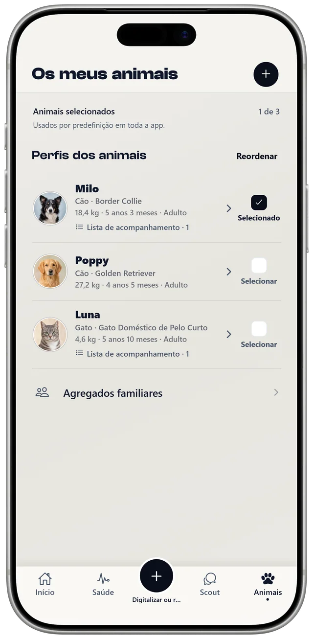 A lista de animais do NutriPet com o Milo, a Poppy e a Luna, cada um com o seu perfil e a sua lista de atenção.