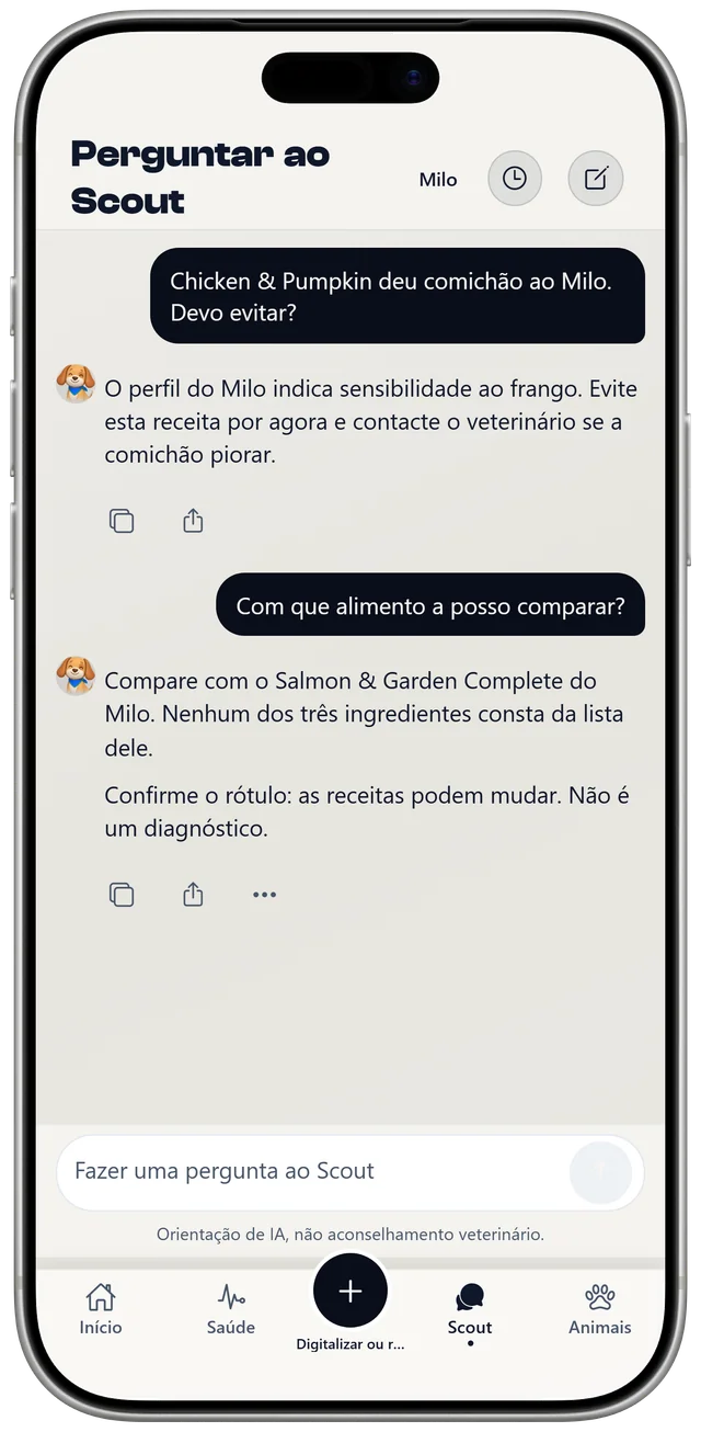Uma conversa com o Scout sobre as últimas refeições do Milo e uma sensibilidade a frango, identificada como orientação geral, não um diagnóstico.