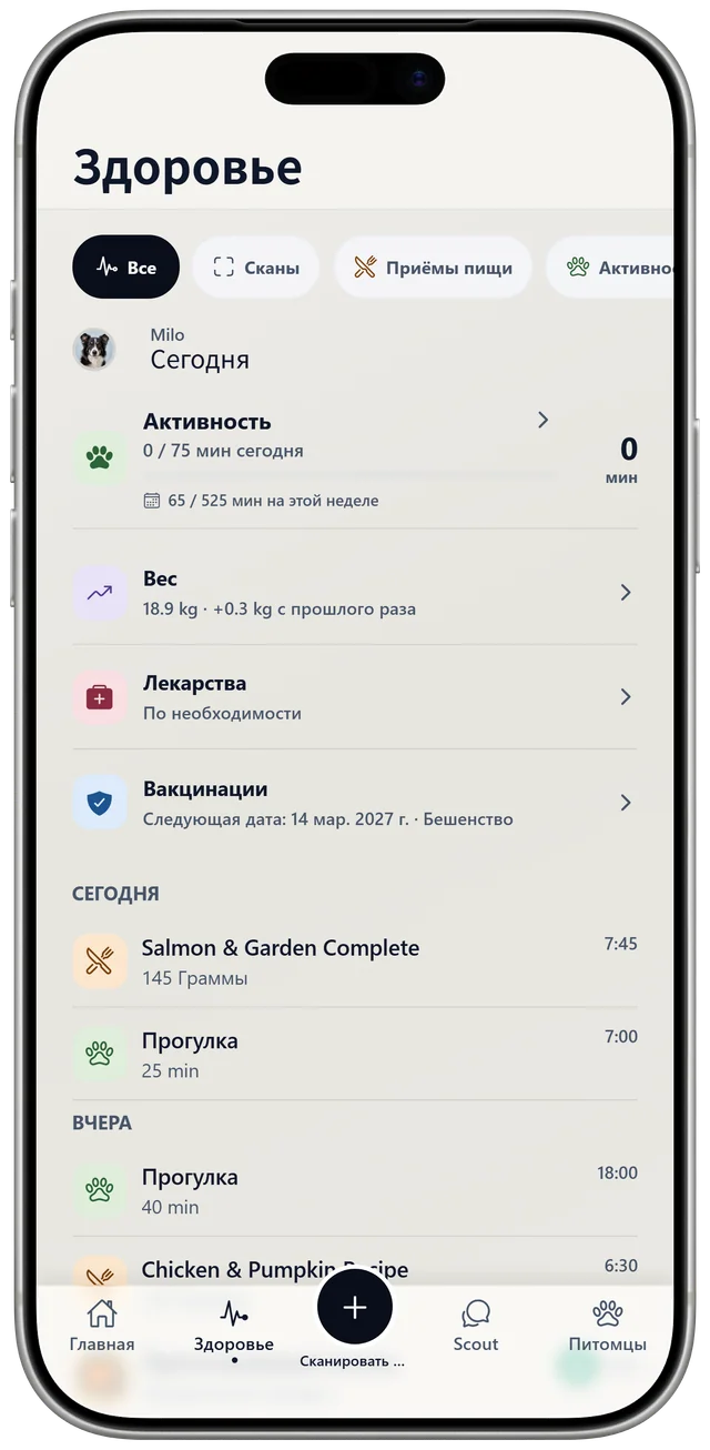 Журнал здоровья Milo в NutriPet: активность, вес, лекарства, прививки, а также сегодняшние приёмы пищи и прогулки.