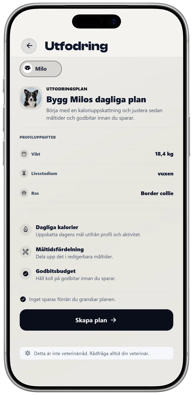 Inställningen av Milos utfodringsplan i NutriPet, med vikt, livsstadium och ras som grund för en dagsplan.