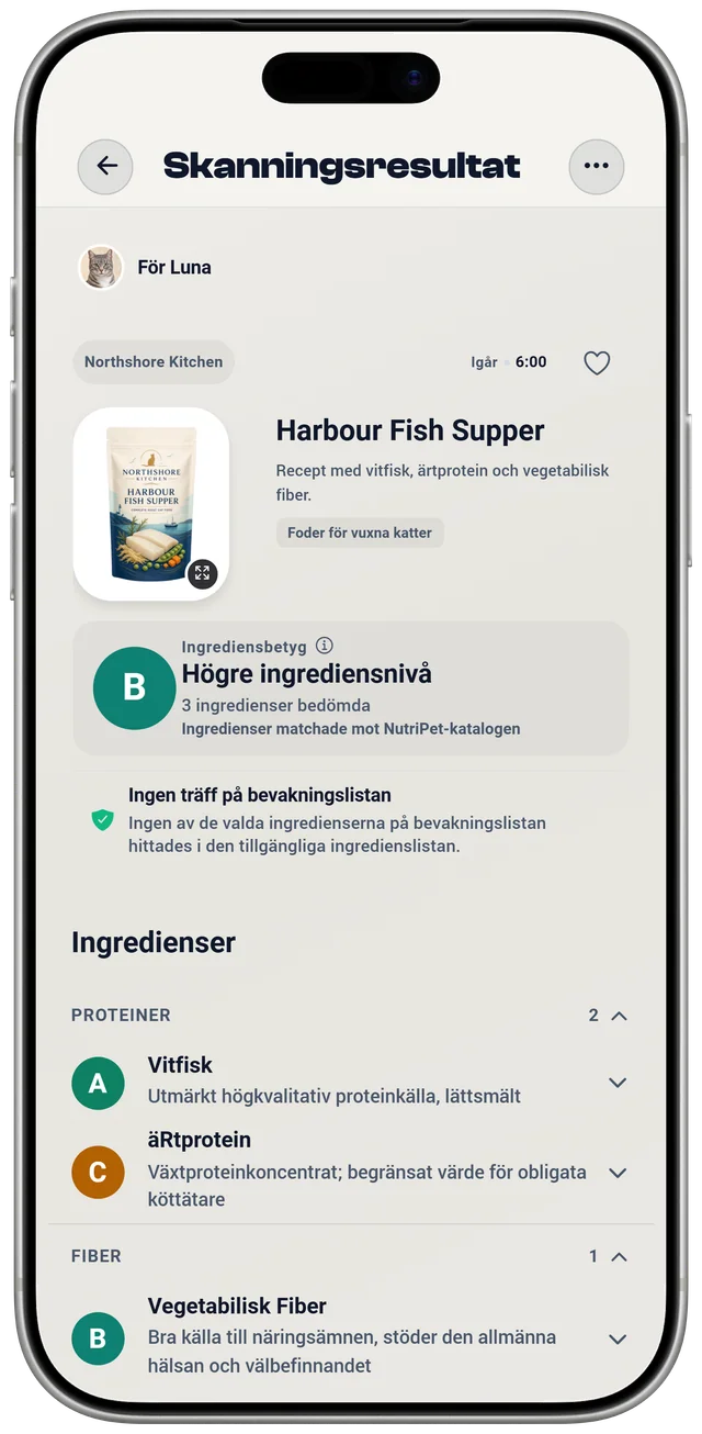 Ett NutriPet-skanningsresultat med ingrediensbetyget för ett kattfoder, de igenkända ingredienserna och en kontroll av bevakningslistan för Luna.