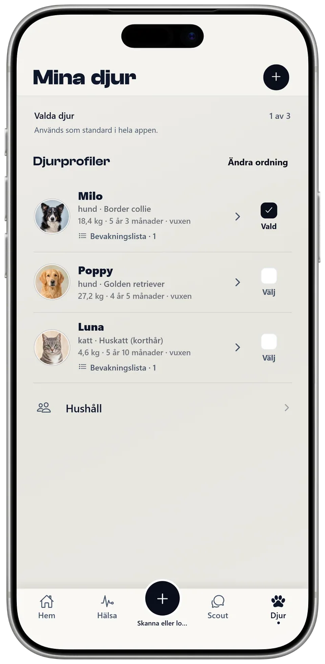 Husdjurslistan i NutriPet med Milo, Poppy och Luna, var och en med egen profil och bevakningslista.
