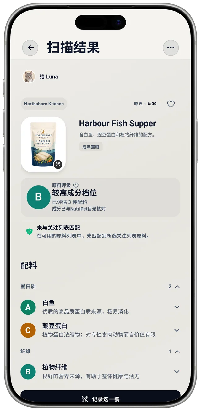一款猫粮的 NutriPet 扫描结果,显示配料评级、识别出的配料,以及针对 Luna 的关注清单检查。