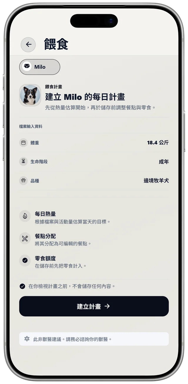 NutriPet 中 Milo 的餵食計畫設定，依據體重、生命階段和品種產生每日計畫。